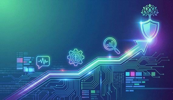 ALT Text: Digital AI chip with data flows and growth arrows