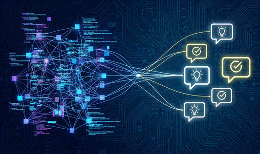 Neural network visualization transforming interconnected data nodes into validated insights