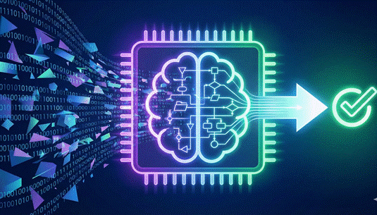 Stylized AI processor with a brain-shaped circuit converting raw data into a verified outcome, illustrating machine learning and automated reasoning
