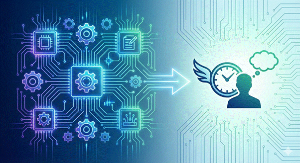 AI automation workflow depicted as interconnected chips and gears leading to a human silhouette with a clock, symbolizing efficiency, time-saving, and human-centered AI